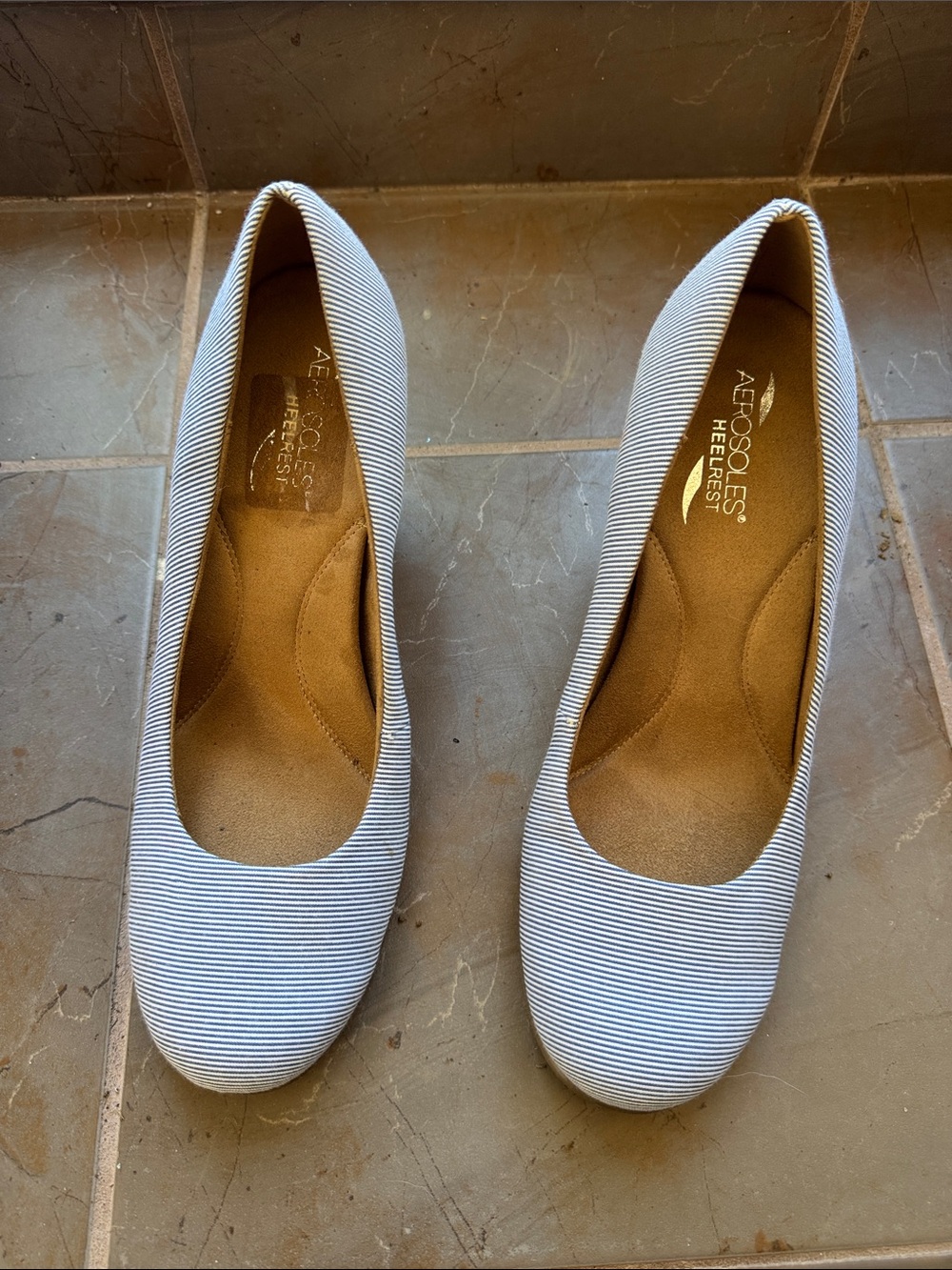 AEROSOLES Blue and White Striped Slip-On wedges NIB